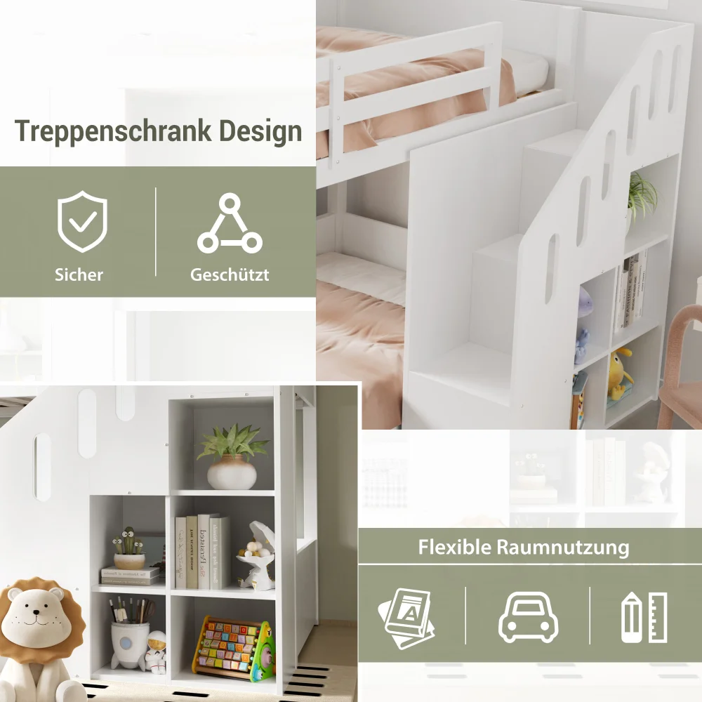 90*200cm Children's Bunk Bed, Double Bed, Multifunctional Cot, with Stairs and Lockers, Stable Railing, Without Mattress, White