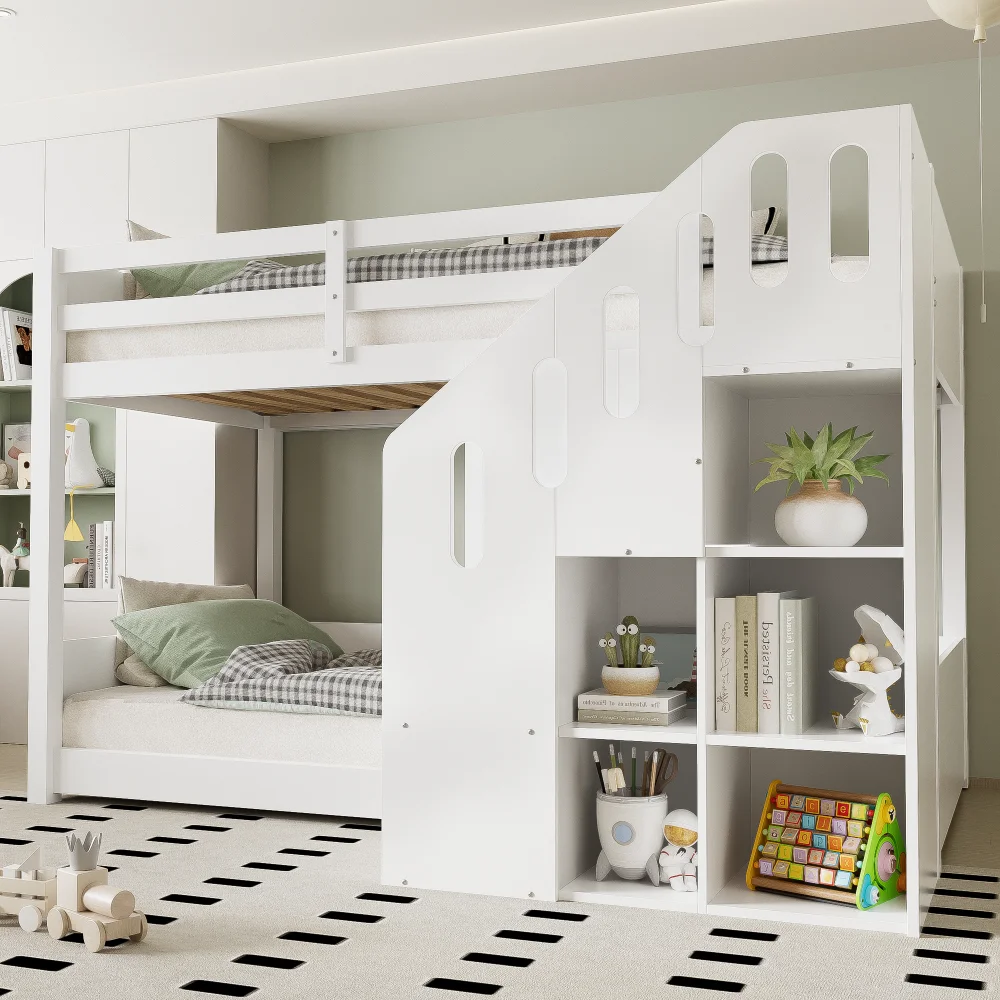 90*200cm Children's Bunk Bed, Double Bed, Multifunctional Cot, with Stairs and Lockers, Stable Railing, Without Mattress, White