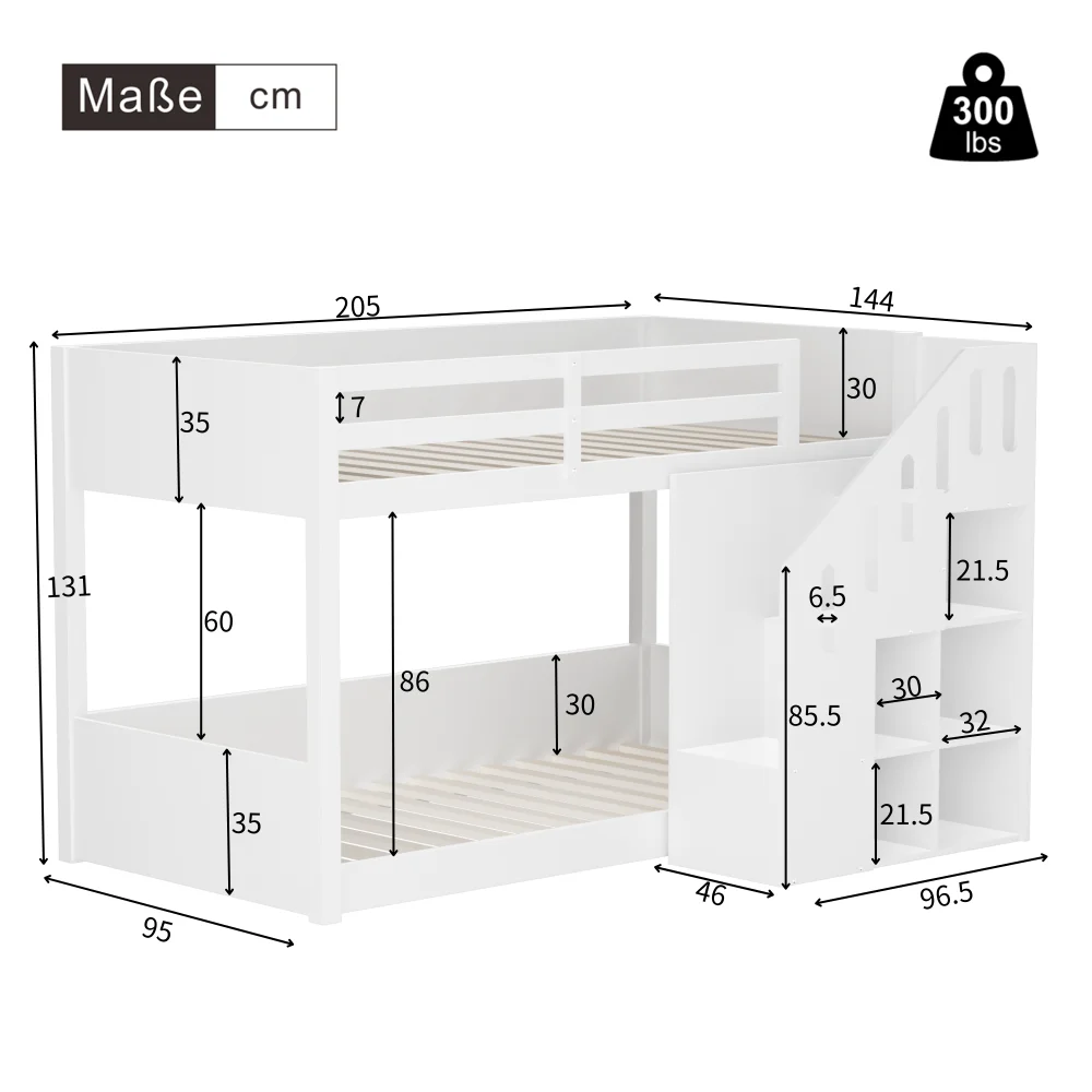 90*200cm Children's Bunk Bed, Double Bed, Multifunctional Cot, with Stairs and Lockers, Stable Railing, Without Mattress, White