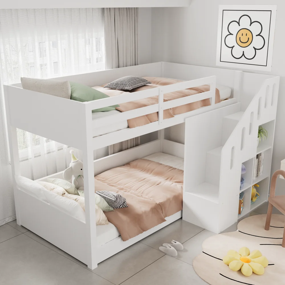 90*200cm Children's Bunk Bed, Double Bed, Multifunctional Cot, with Stairs and Lockers, Stable Railing, Without Mattress, White