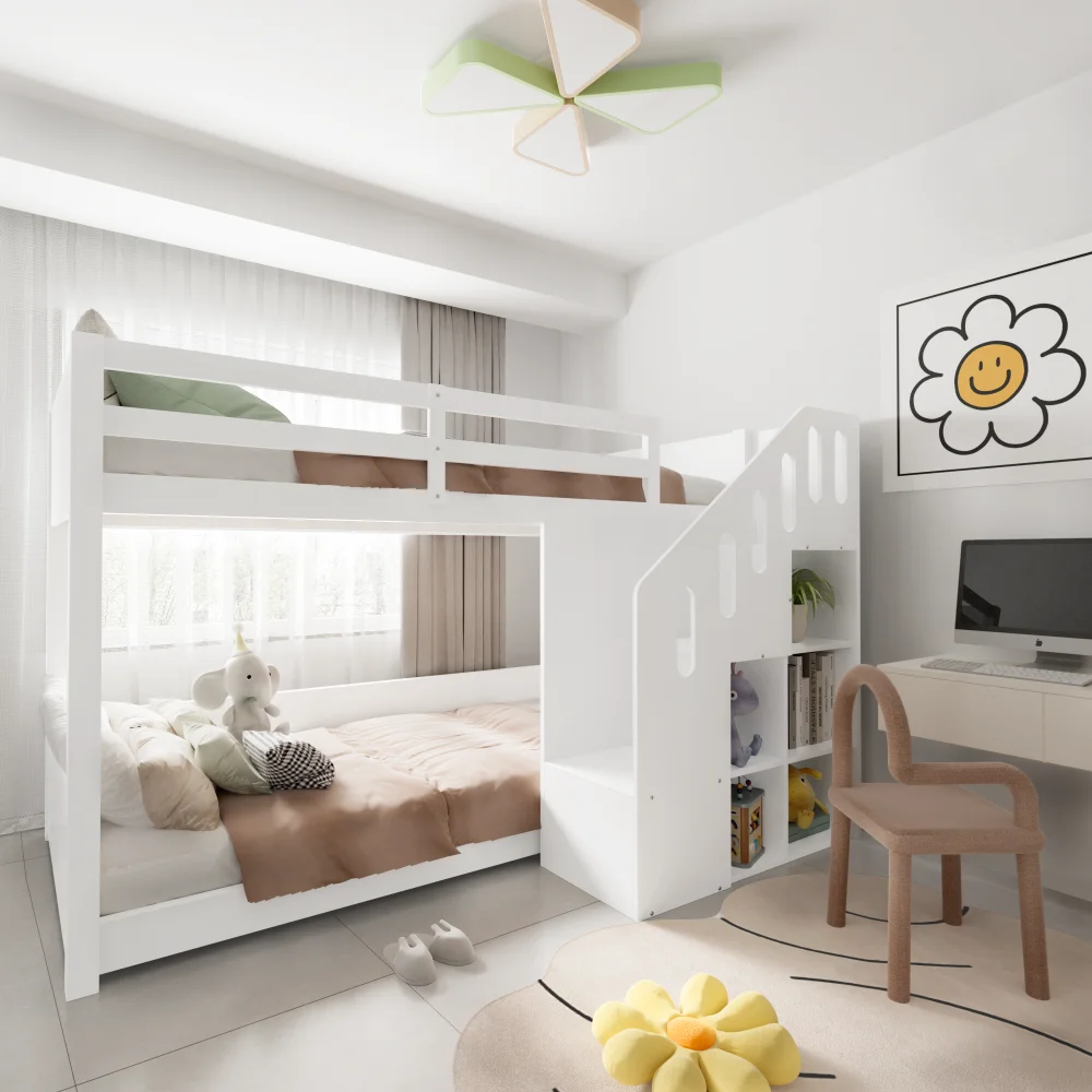 90*200cm Children's Bunk Bed, Double Bed, Multifunctional Cot, with Stairs and Lockers, Stable Railing, Without Mattress, White