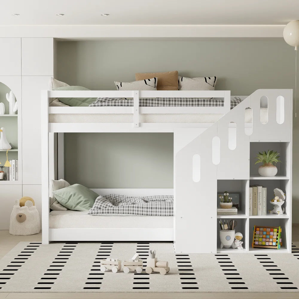 90*200cm Children's Bunk Bed, Double Bed, Multifunctional Cot, with Stairs and Lockers, Stable Railing, Without Mattress, White