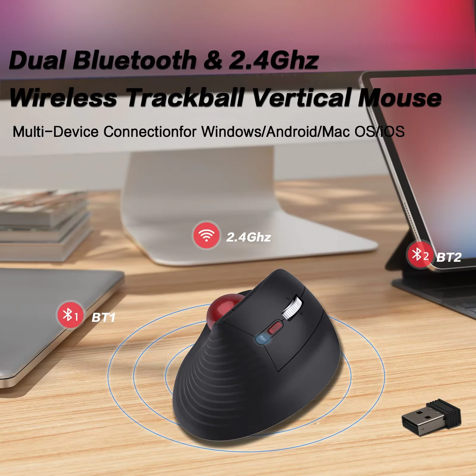 JOMAA Trackball Mouse,Rechargeable Wireless Thumb-Control Vertical Mouse with Speed Roller,3 Device Connection