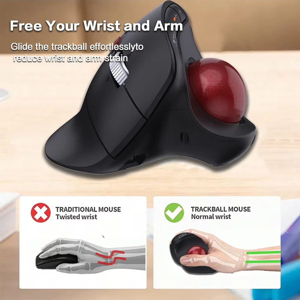 JOMAA Trackball Mouse,Rechargeable Wireless Thumb-Control Vertical Mouse with Speed Roller,3 Device Connection