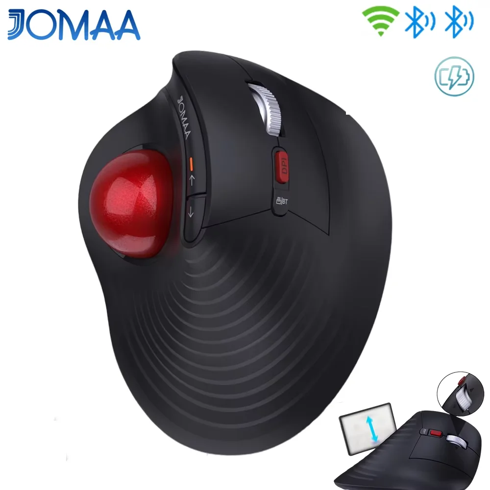 JOMAA Trackball Mouse,Rechargeable Wireless Thumb-Control Vertical Mouse with Speed Roller,3 Device Connection