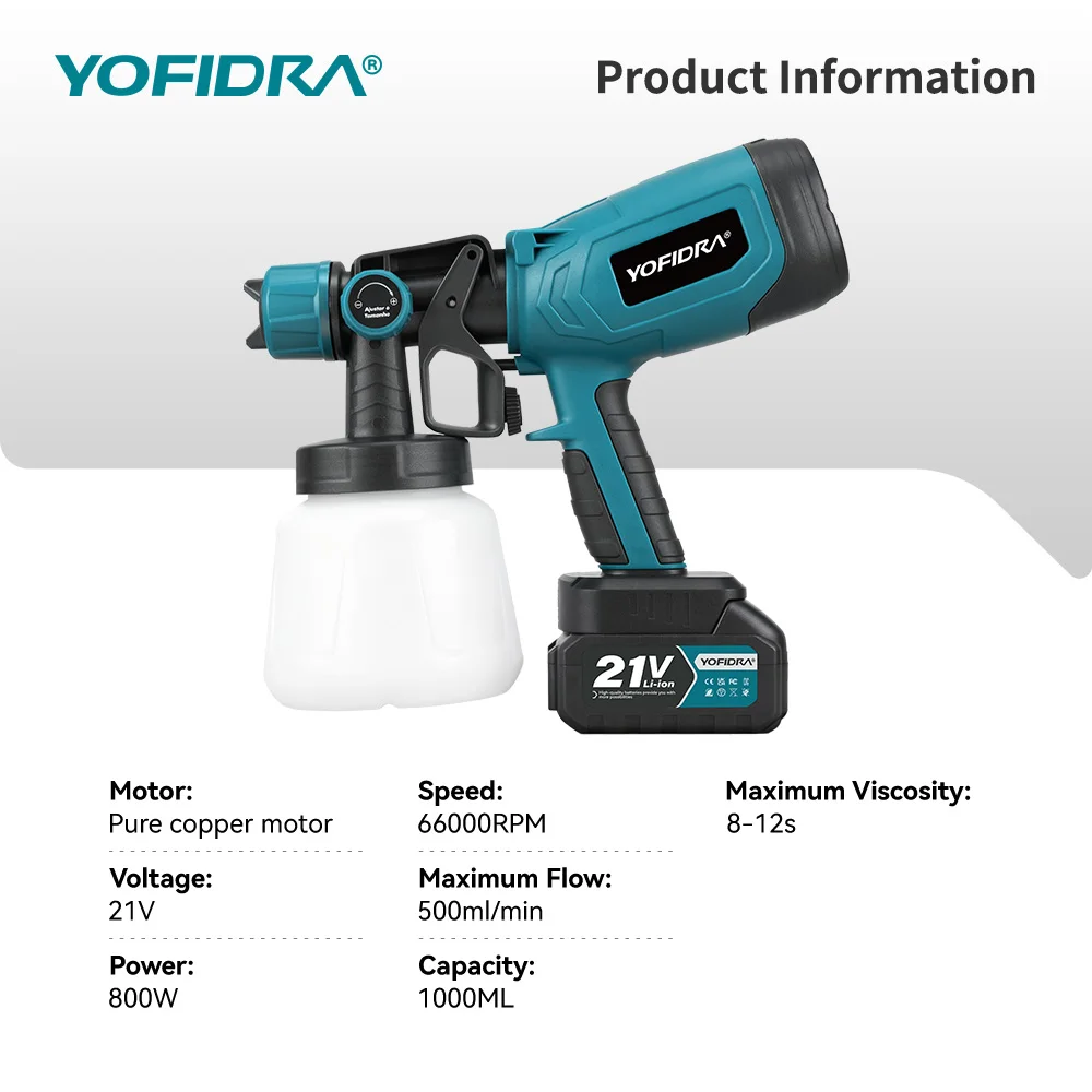YOFIDRA 1000ML Electric Spray Gun 66000RPM Cordless Paint Sprayer Auto Steel Coating Airbrush Power Tools For Makita Battery Pin