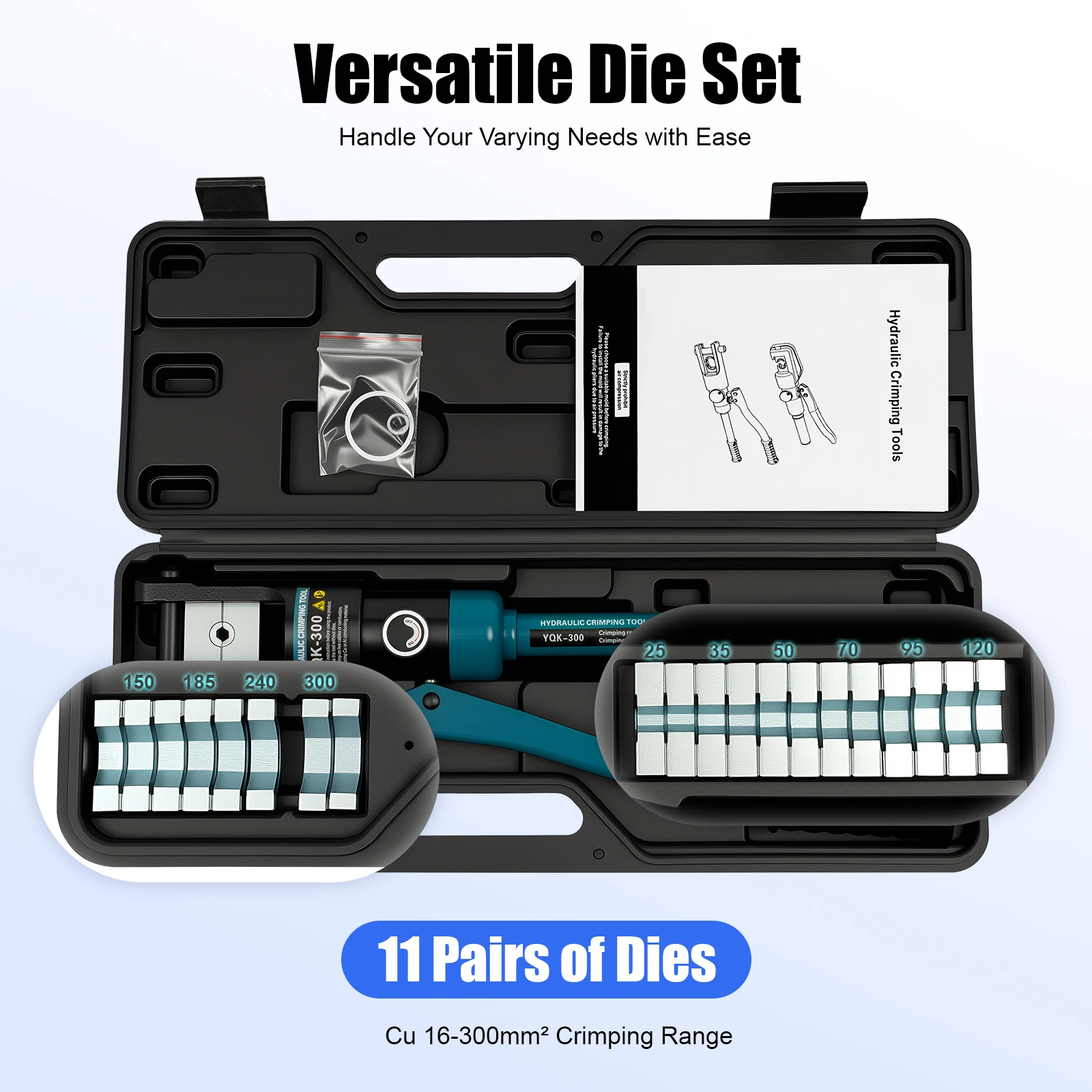  Hydraulic Crimper w/ 11 Pairs of Dies, YQK-300 Hand Operated Hydraulic Crimping Tool Manual Hydraulic Tube Crimper Set