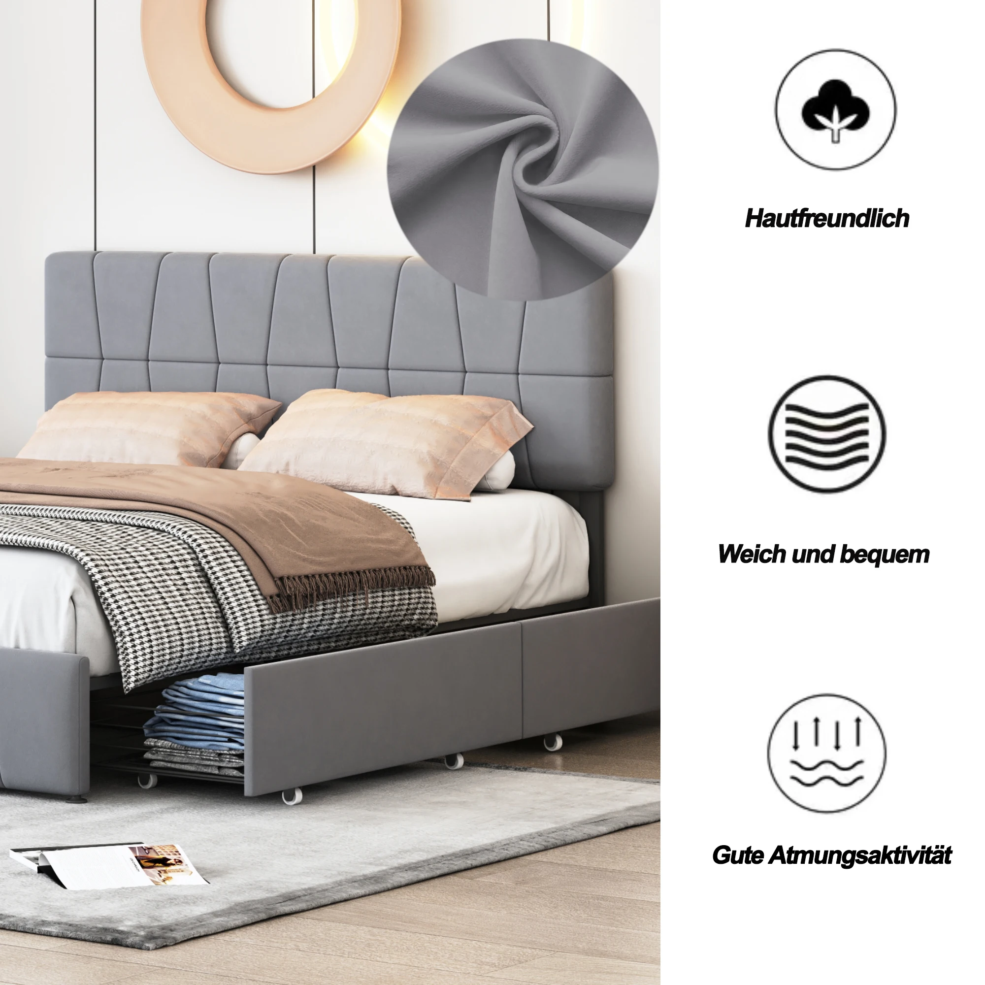 Superaly 160x200cm Upholstered Bed, Double Bed with 4 Drawers, Storage Bed with Headboard, Velvet, Grey