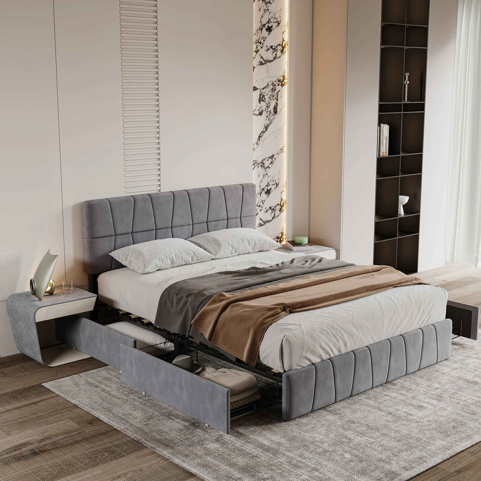 Superaly 160x200cm Upholstered Bed, Double Bed with 4 Drawers, Storage Bed with Headboard, Velvet, Grey