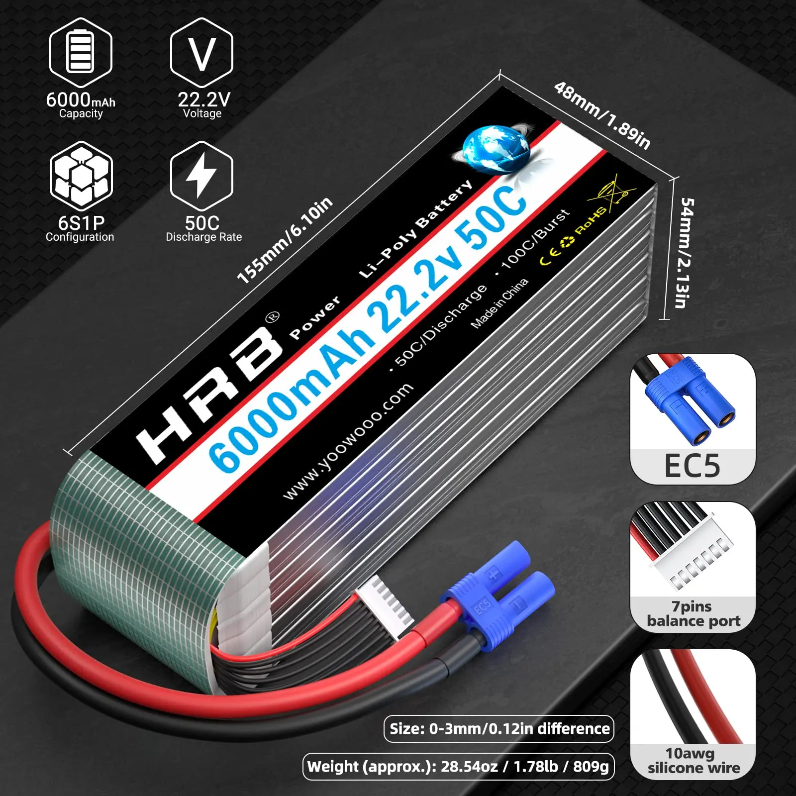 HRB Lipo Battery 6S 5000mah 6000mah XT60 XT90 EC5 50C 100C 22.2V for Quadcopter Airplane Car Truck 500 600 Helicopter