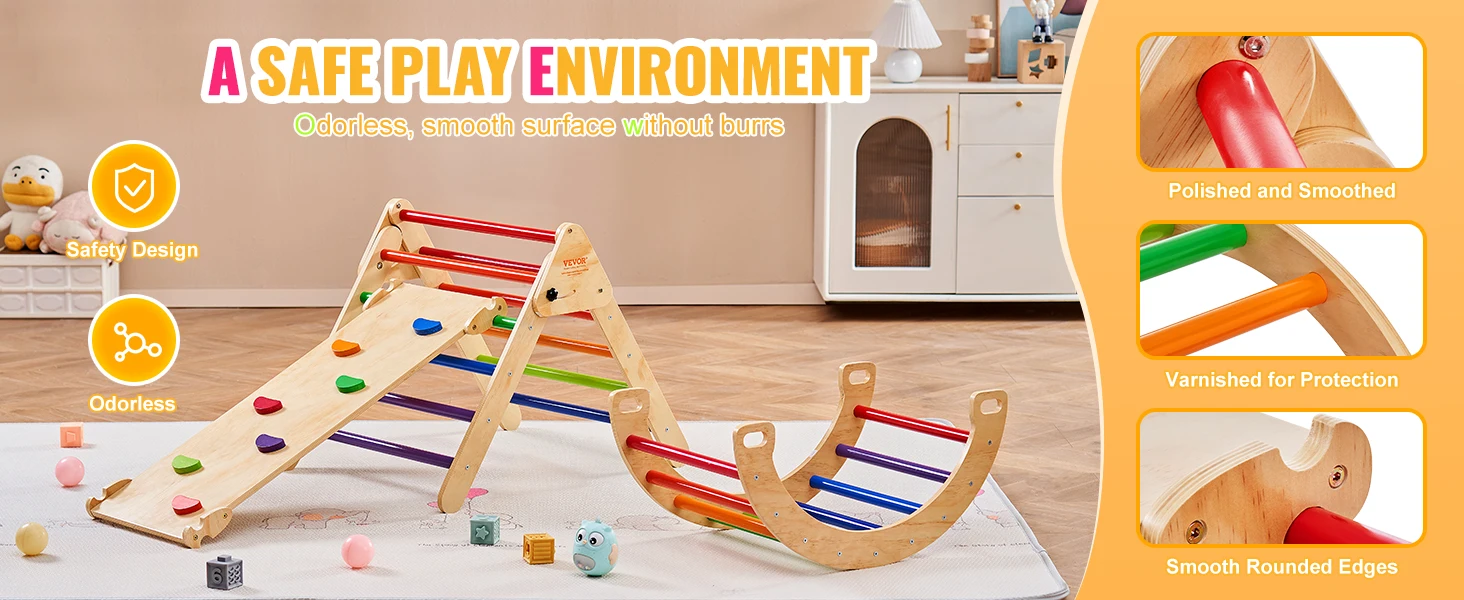 SucceBuy Pikler Triangle Set 5 in 1 Toddler Climbing Toys Indoor Playground Toddlers 1-3 Years Large Size Wooden Climbing Set