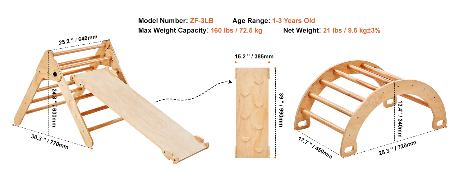 SucceBuy Pikler Triangle Set 5 in 1 Toddler Climbing Toys Indoor Playground Toddlers 1-3 Years Large Size Wooden Climbing Set
