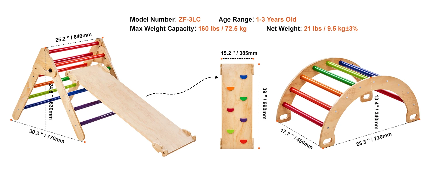 SucceBuy Pikler Triangle Set 5 in 1 Toddler Climbing Toys Indoor Playground Toddlers 1-3 Years Large Size Wooden Climbing Set