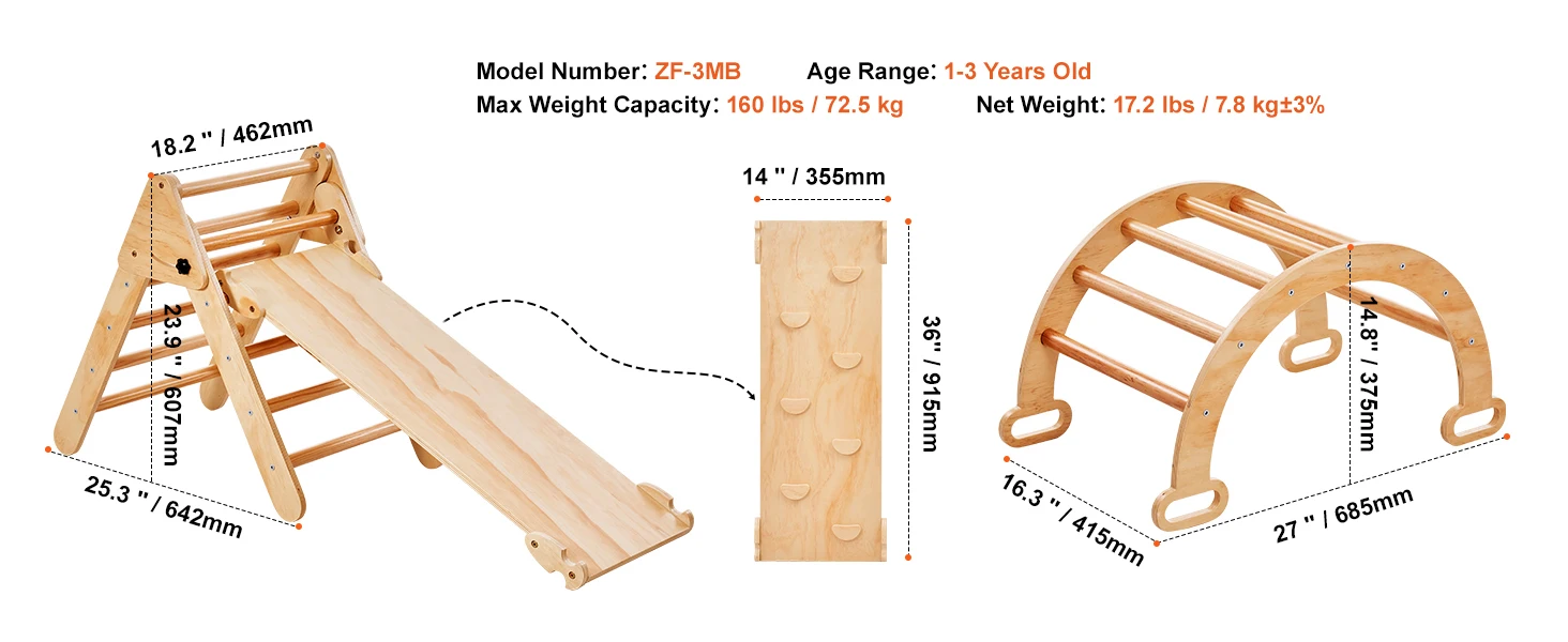 SucceBuy Pikler Triangle Set 5 in 1 Toddler Climbing Toys Indoor Playground Toddlers 1-3 Years Large Size Wooden Climbing Set