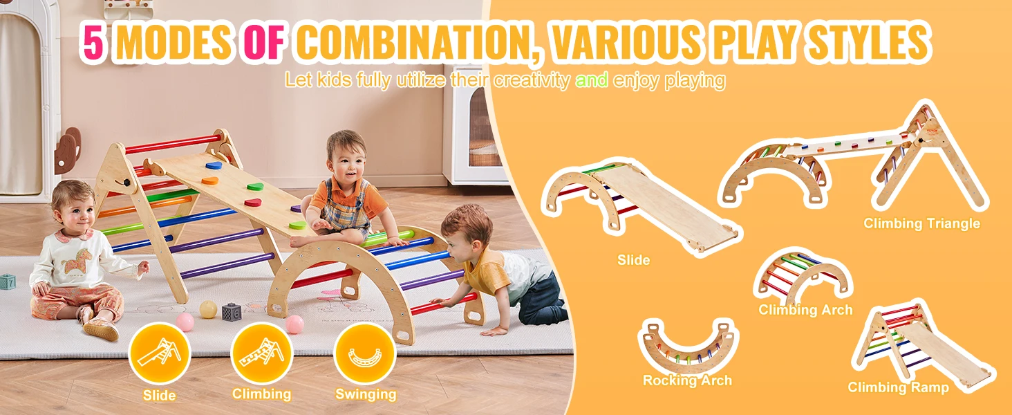 SucceBuy Pikler Triangle Set 5 in 1 Toddler Climbing Toys Indoor Playground Toddlers 1-3 Years Large Size Wooden Climbing Set