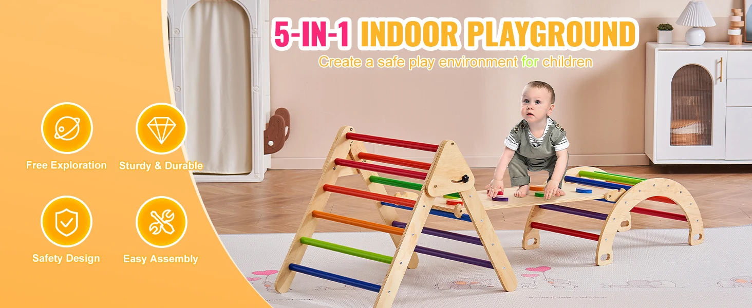SucceBuy Pikler Triangle Set 5 in 1 Toddler Climbing Toys Indoor Playground Toddlers 1-3 Years Large Size Wooden Climbing Set