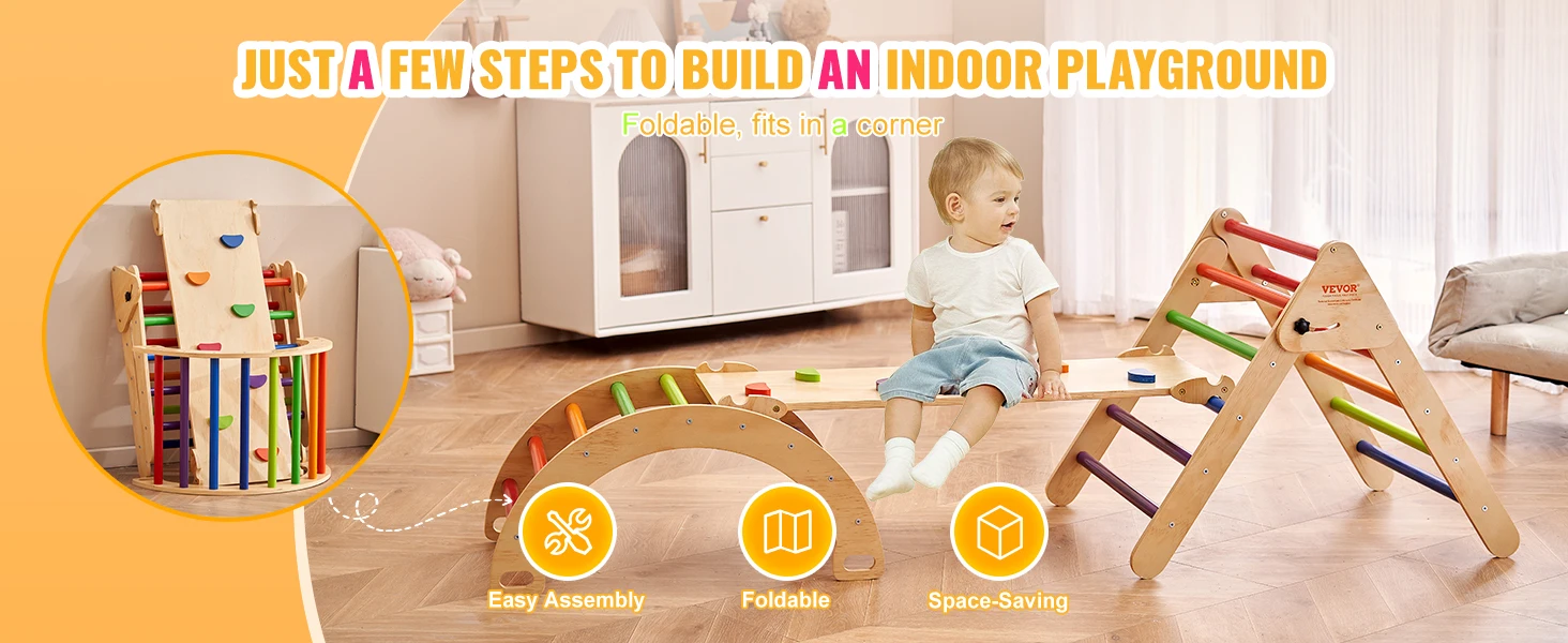 SucceBuy Pikler Triangle Set 5 in 1 Toddler Climbing Toys Indoor Playground Toddlers 1-3 Years Large Size Wooden Climbing Set