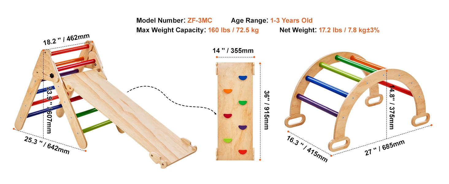 SucceBuy Pikler Triangle Set 5 in 1 Toddler Climbing Toys Indoor Playground Toddlers 1-3 Years Large Size Wooden Climbing Set