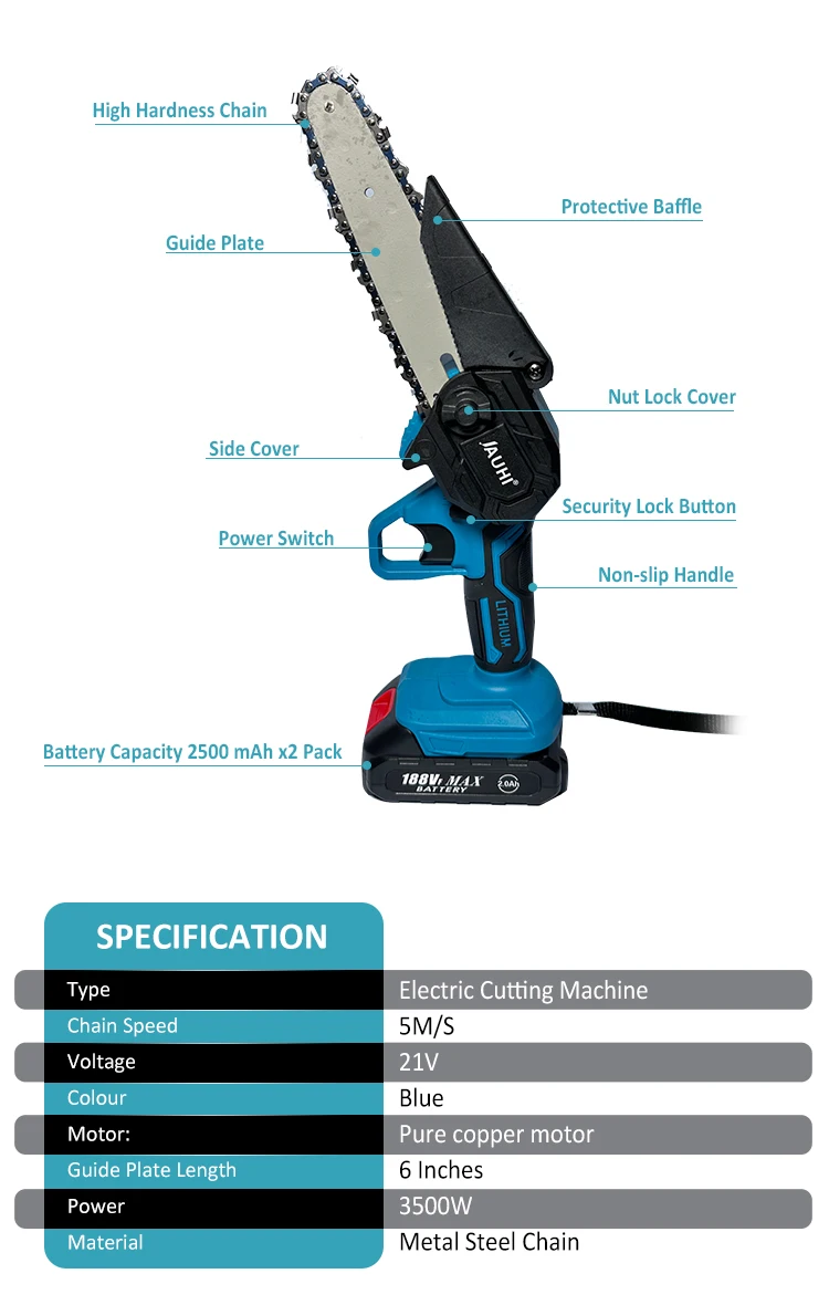 JAUHI Portable 6inch Electric Chainsaw Rechargeable Small Wood Spliting Chainsaw One-handed Woodworking Tool for Garden Tools