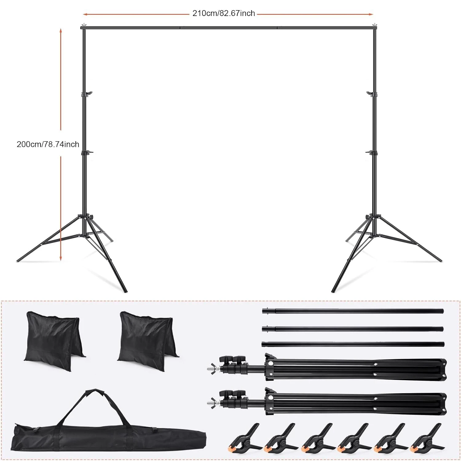 2x2m Adjustable Stainless Steel Background Stand, Background Support System with 6 Clips+2 Sandbags for Photo Wall Photography