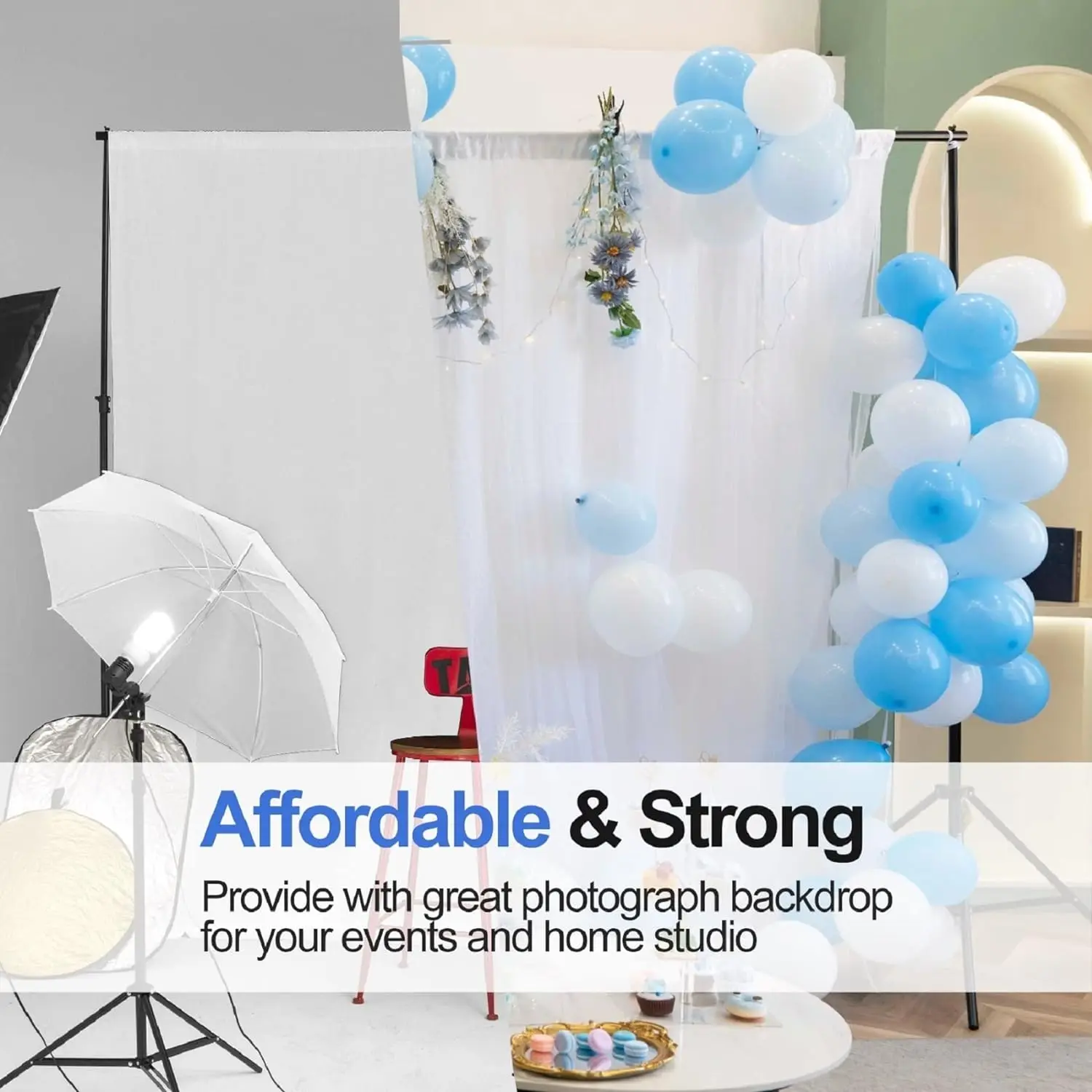 2x2m Adjustable Stainless Steel Background Stand, Background Support System with 6 Clips+2 Sandbags for Photo Wall Photography
