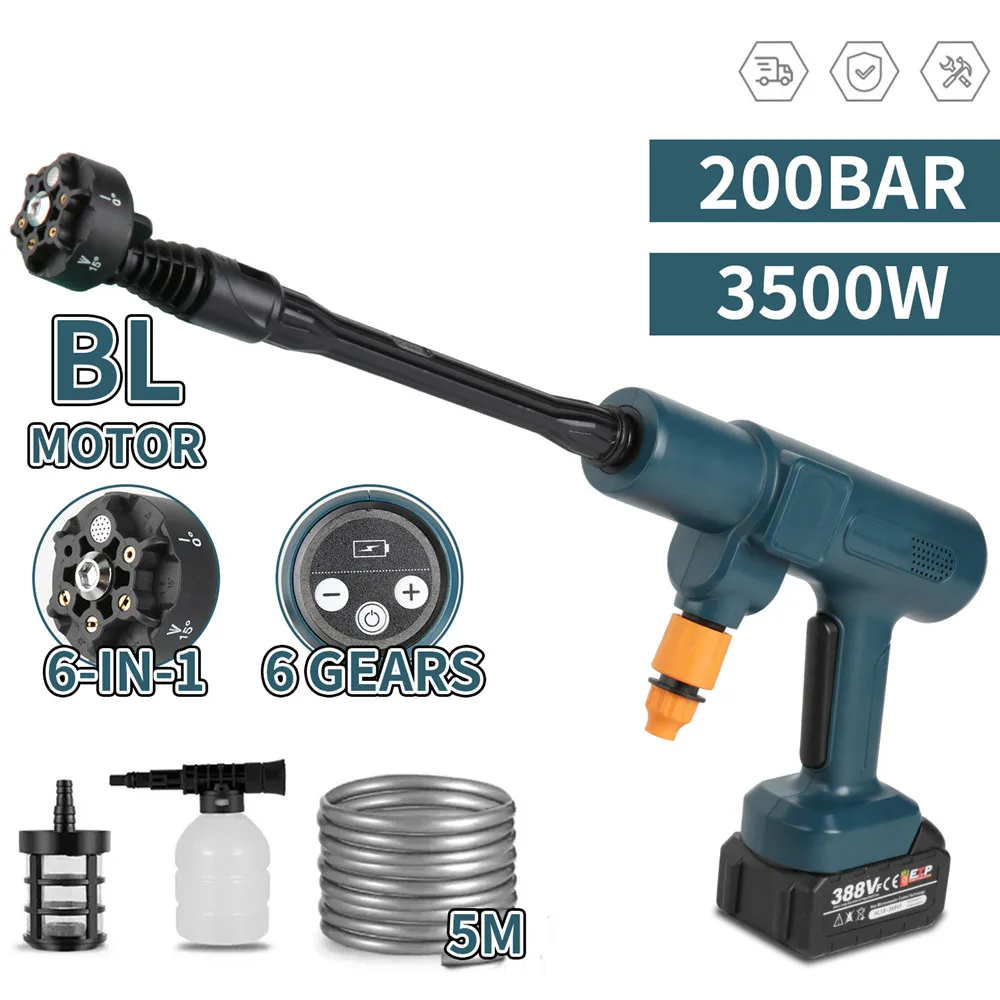 200Bar Brushless Electric High Pressure Washer Water Gun 6IN1 Cordless Car Washer Cleaning Garden For Makita 18V Battery