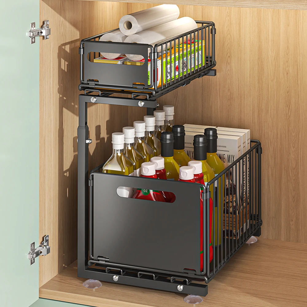 2 Tier Pull Out Cabinet Organizer Kitchen Storage Rack Under Sink Organizer Spice Jar Storage Rack Slide Out Drawer