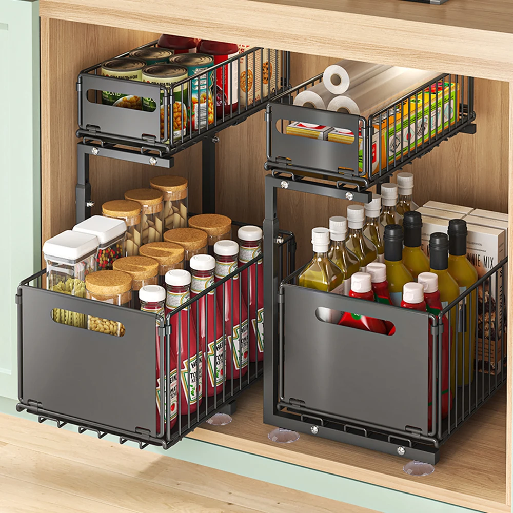 2 Tier Pull Out Cabinet Organizer Kitchen Storage Rack Under Sink Organizer Spice Jar Storage Rack Slide Out Drawer