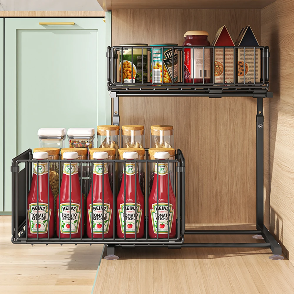 2 Tier Pull Out Cabinet Organizer Kitchen Storage Rack Under Sink Organizer Spice Jar Storage Rack Slide Out Drawer