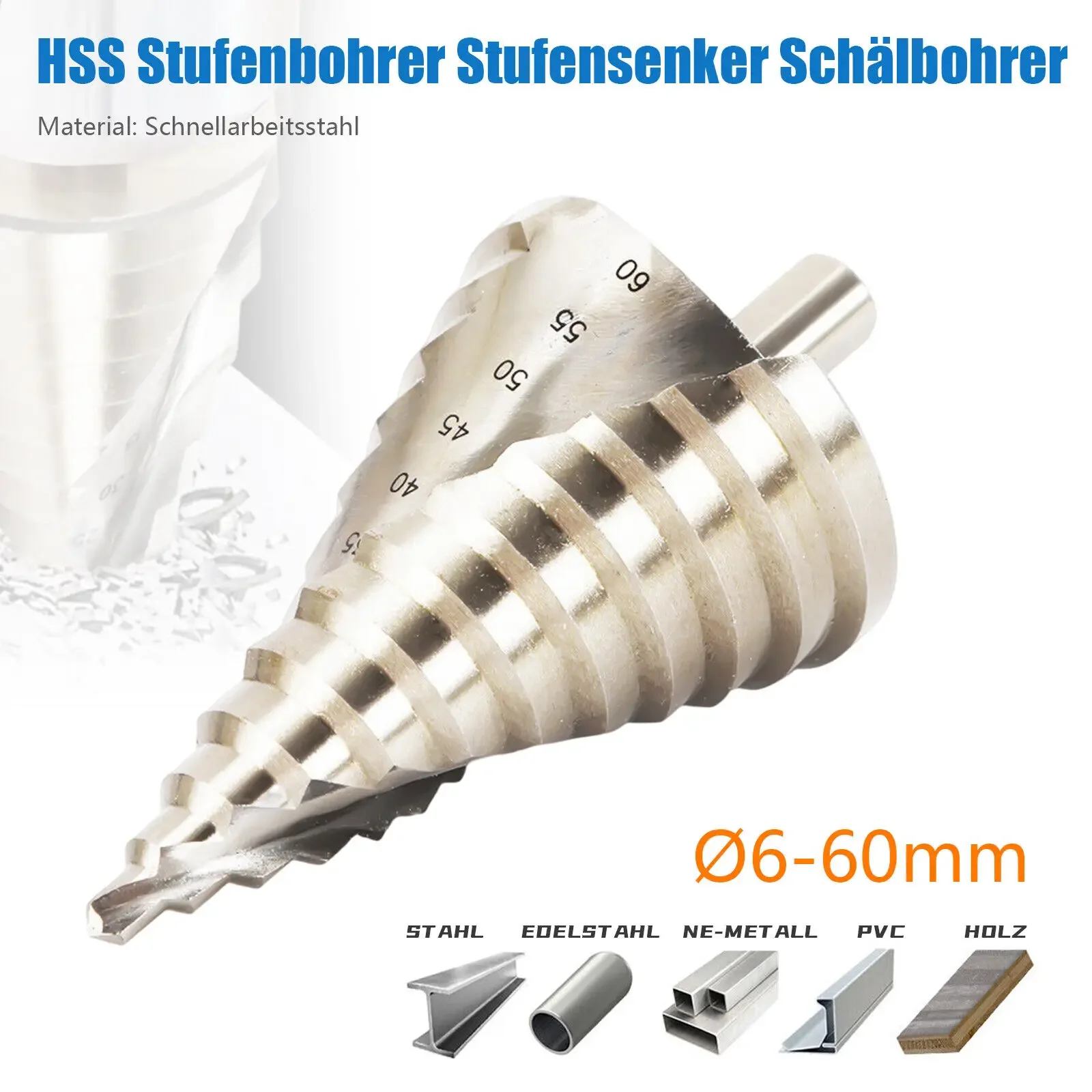 HSS Professional Stage Drill-Peeling Drill Set, Tapered Drill Slot Stepping Drill 6-60mm for Stainless Steel Metal Wood Plastic