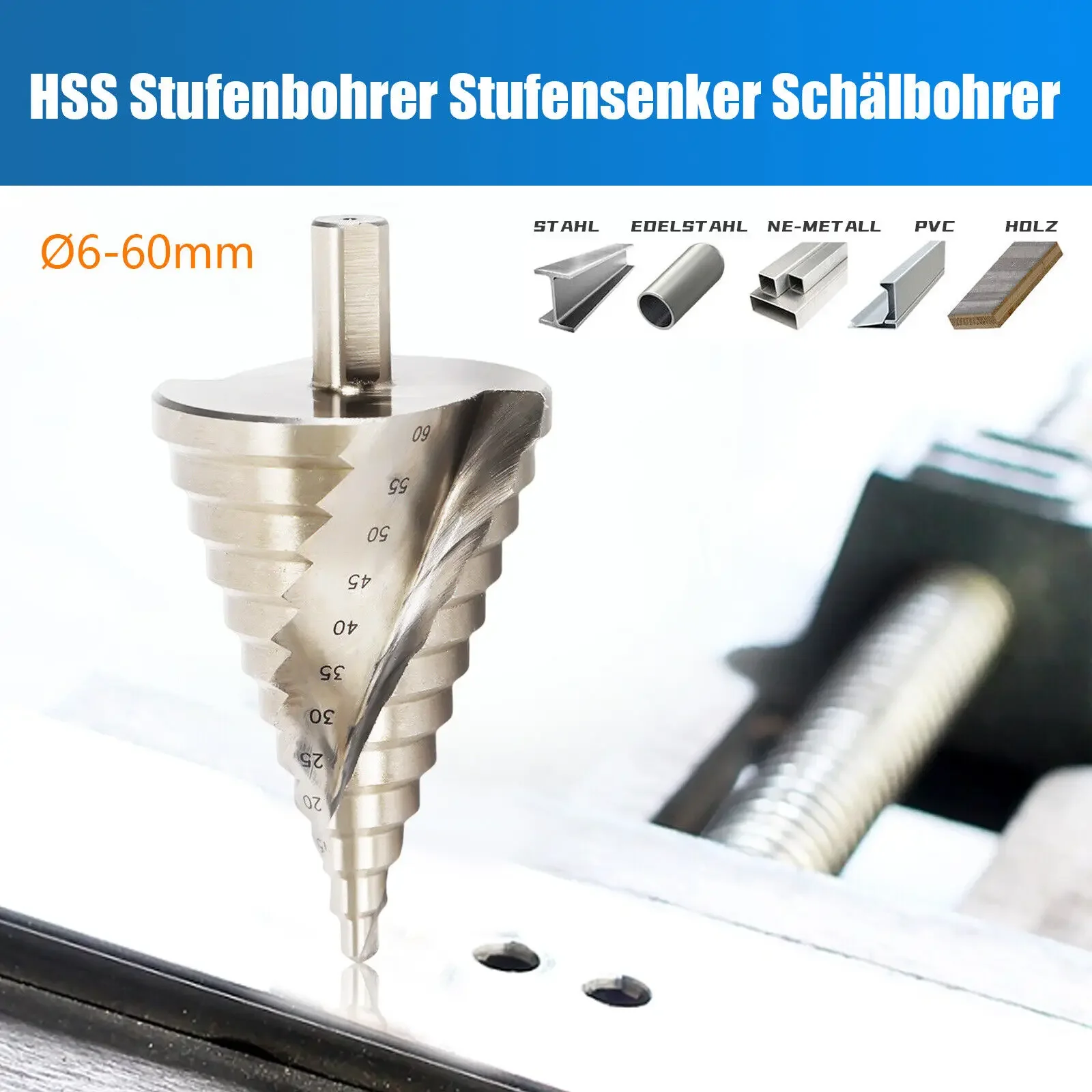 HSS Professional Stage Drill-Peeling Drill Set, Tapered Drill Slot Stepping Drill 6-60mm for Stainless Steel Metal Wood Plastic