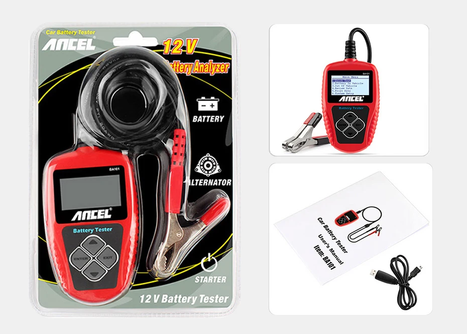 ANCEL BA101 Car Battery Tester 12V Digital Automotive Alternator Meter Diagnostic Tool,100-2000 CCA Load Capacity, Charging & C