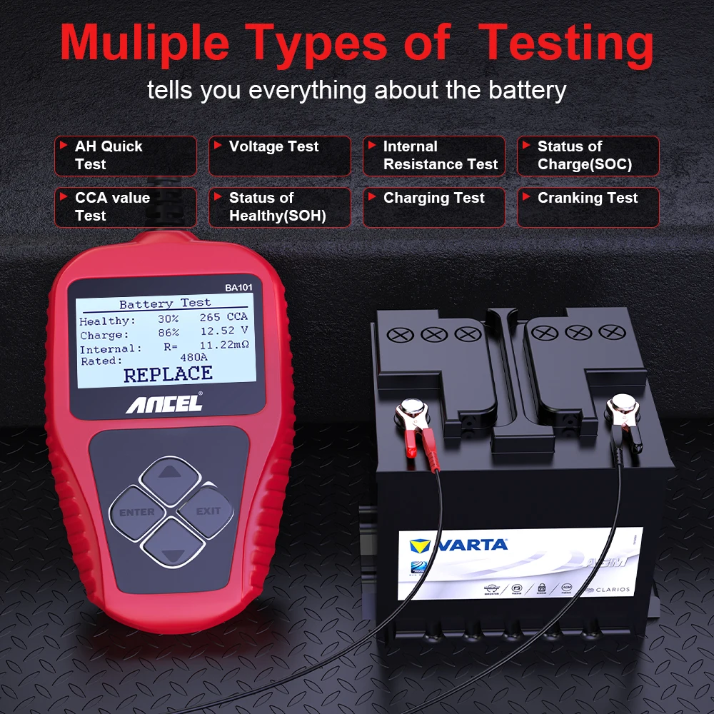 ANCEL BA101 Car Battery Tester 12V Digital Automotive Alternator Meter Diagnostic Tool,100-2000 CCA Load Capacity, Charging & C