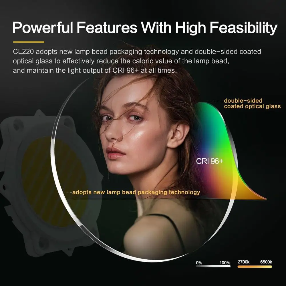 COLBOR CL220 220W 2700-6500K Bi-Color COB LED Video Light with Built-in Mesh Remote Networking Module for Photography Fill Lamp