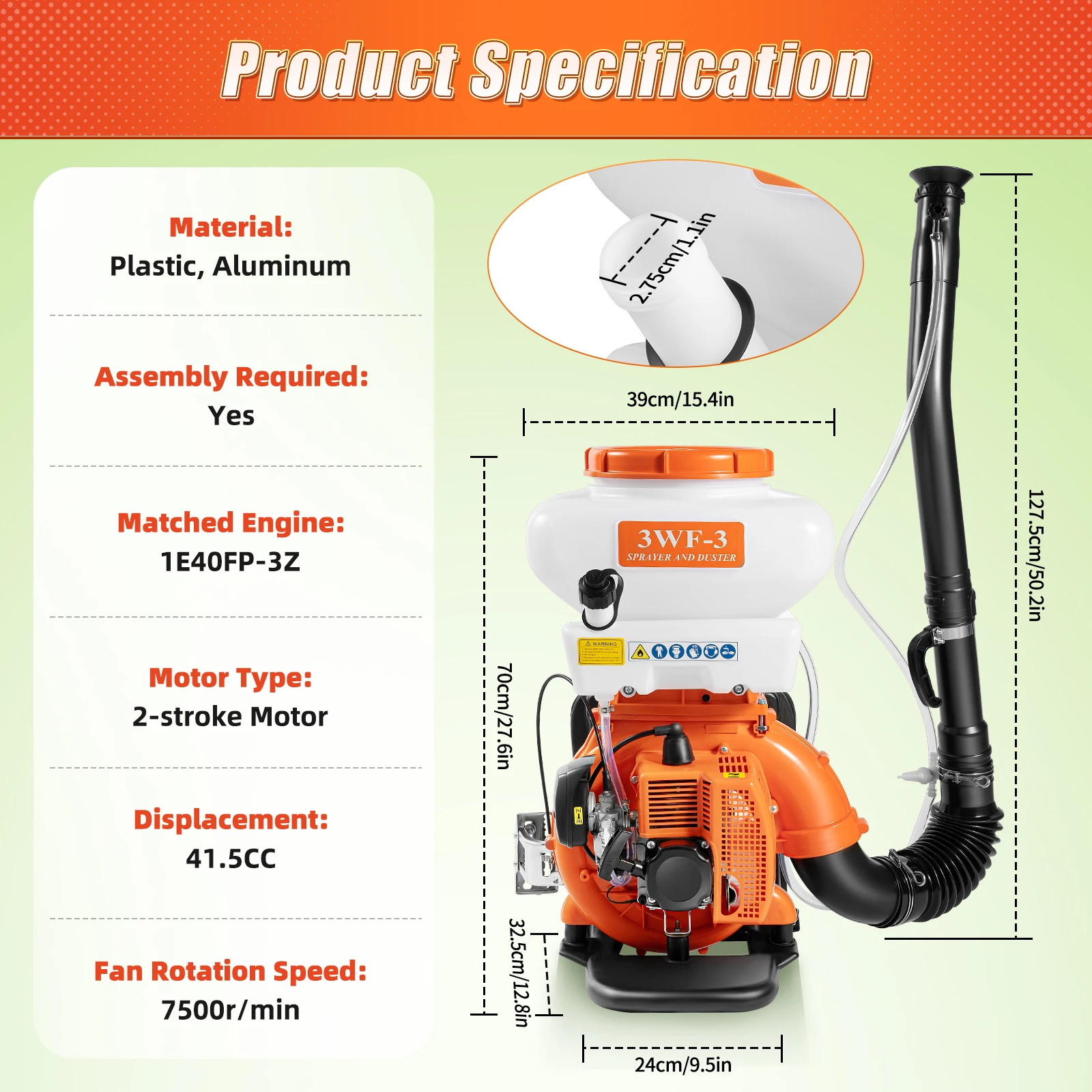 3.7Gal Large Capacity Backpack Sprayer Gas Powered 2-stroke Motor 41.5CC 7500r/min Spraying Machine
