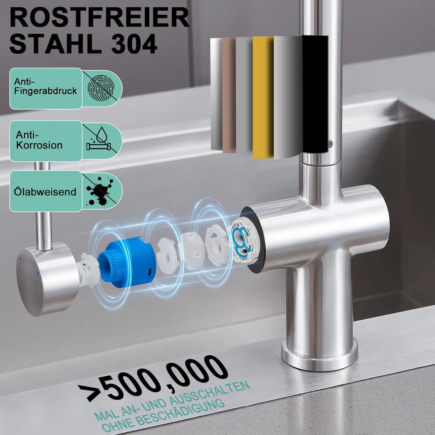 Low Pressure Kitchen Faucet, Pull-Out Kitchen Faucet, 360° Rotation, Brushed Stainless Steel