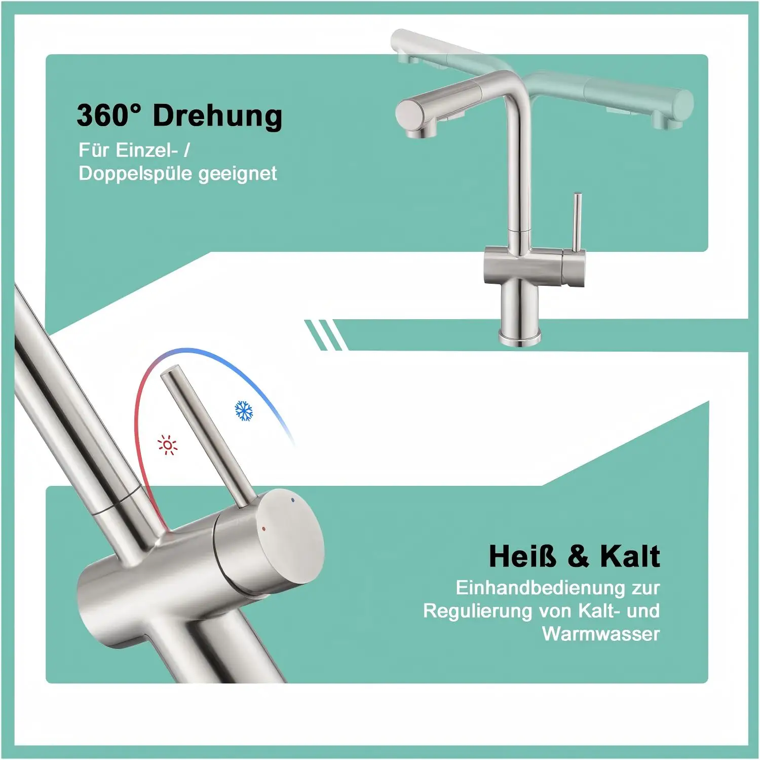 Low Pressure Kitchen Faucet, Pull-Out Kitchen Faucet, 360° Rotation, Brushed Stainless Steel