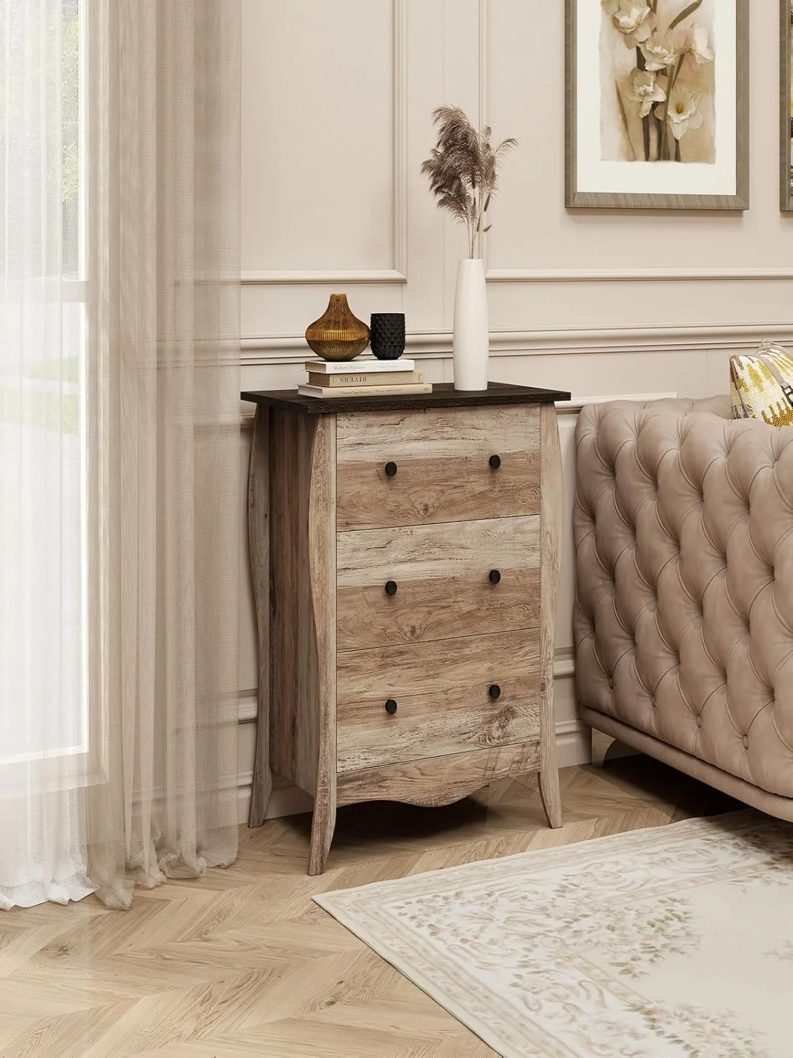Chest of Drawers with 3 Drawers, Country House Style Sideboard with Folding Fabric Drawers, Wooden Storage Cabinet