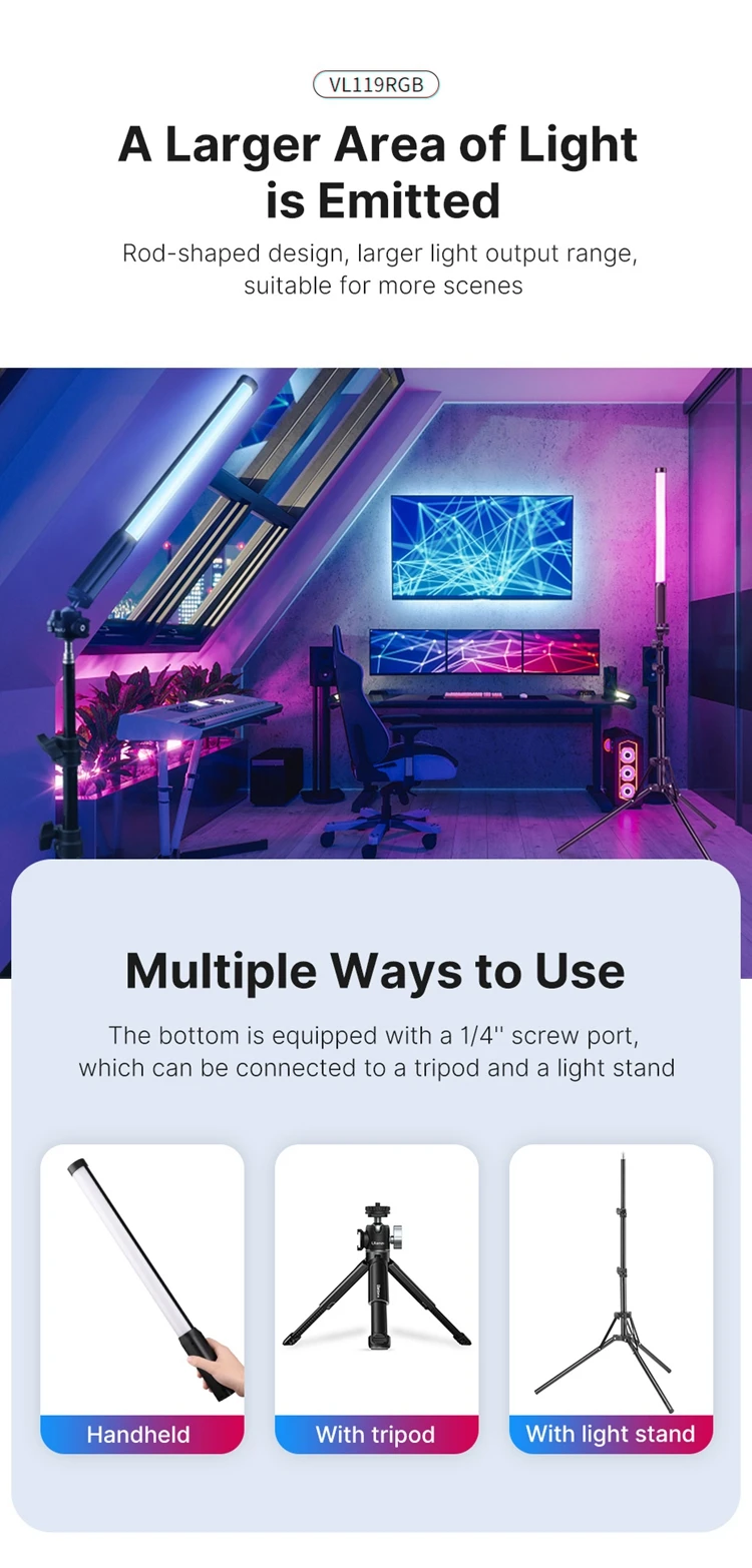 Ulanzi VL119 Colorful Led Stick Light Lamp Handheld RGB Tube Light Wand For Studio Game Room Video Movie Vlog Tiktok Photography