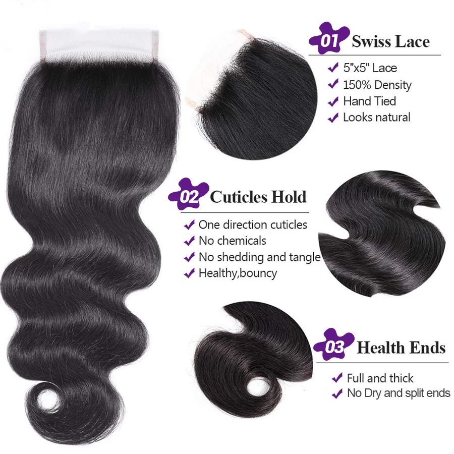 Body Wave Lace Closure With Hair Bundles 100% Human Hair Bundle With 2x6 4x4 5X5 Transparent Closure Remy Hair Weave Extensions