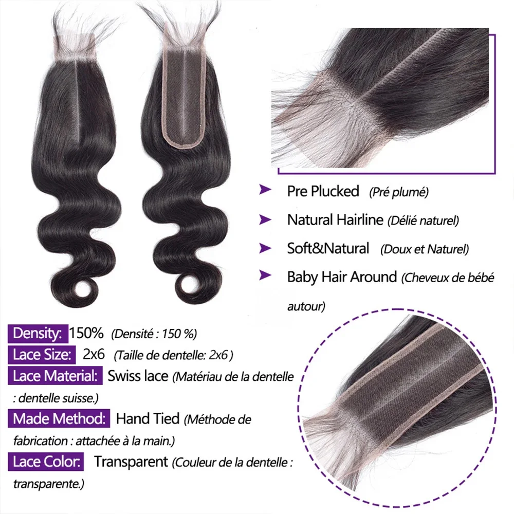 Body Wave Lace Closure With Hair Bundles 100% Human Hair Bundle With 2x6 4x4 5X5 Transparent Closure Remy Hair Weave Extensions