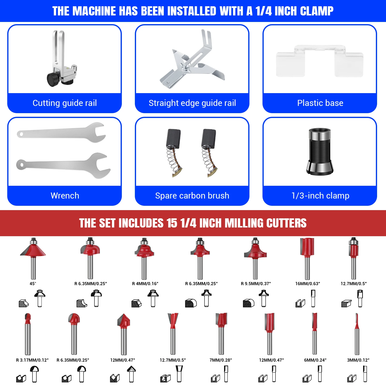 800W Electric Wood Hand Trimmer Laminator, , 4000-30000 RPM, 6 Variable Speed, 15PCS 1/4" Router Bits Set, Transparent Base