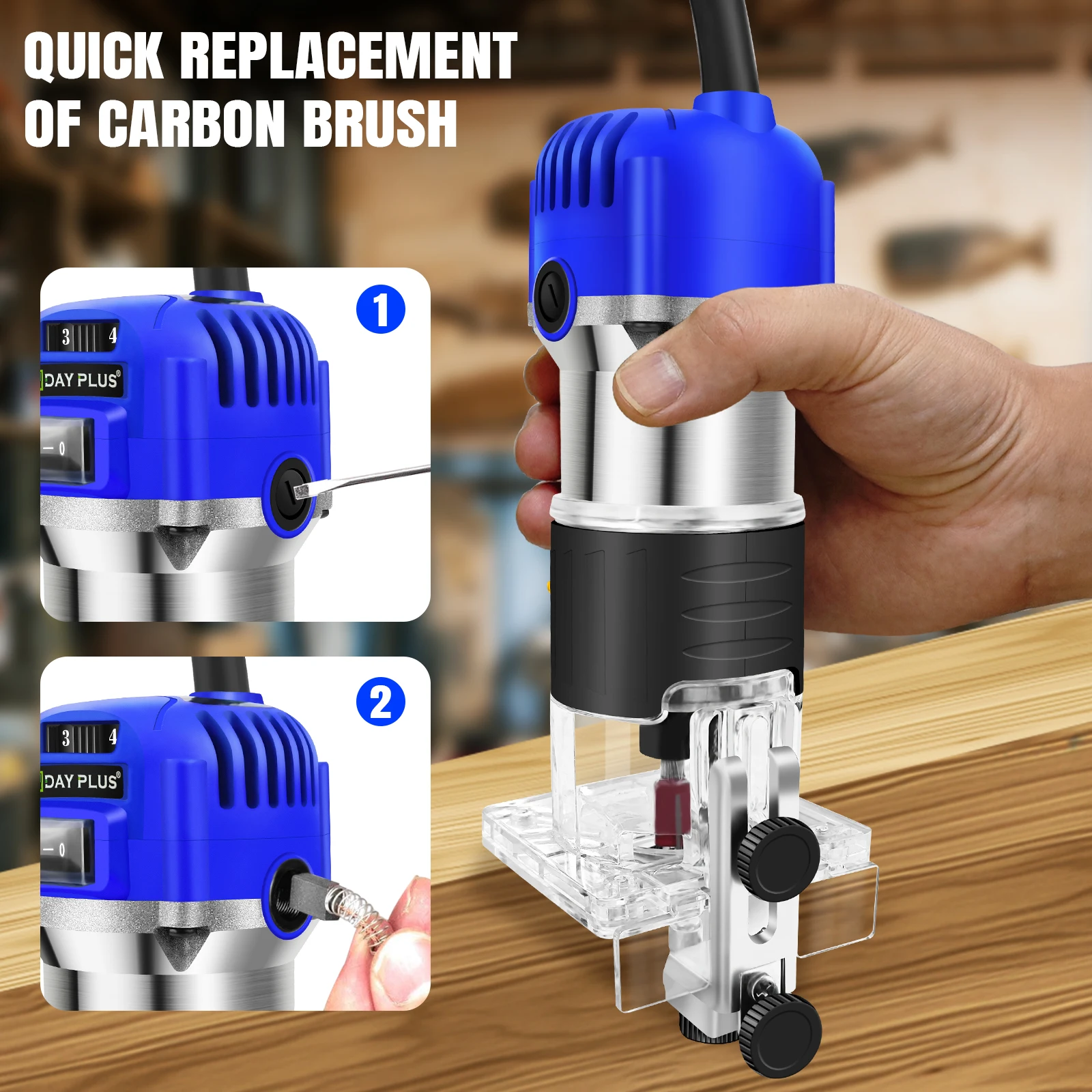 800W Electric Wood Hand Trimmer Laminator, , 4000-30000 RPM, 6 Variable Speed, 15PCS 1/4" Router Bits Set, Transparent Base