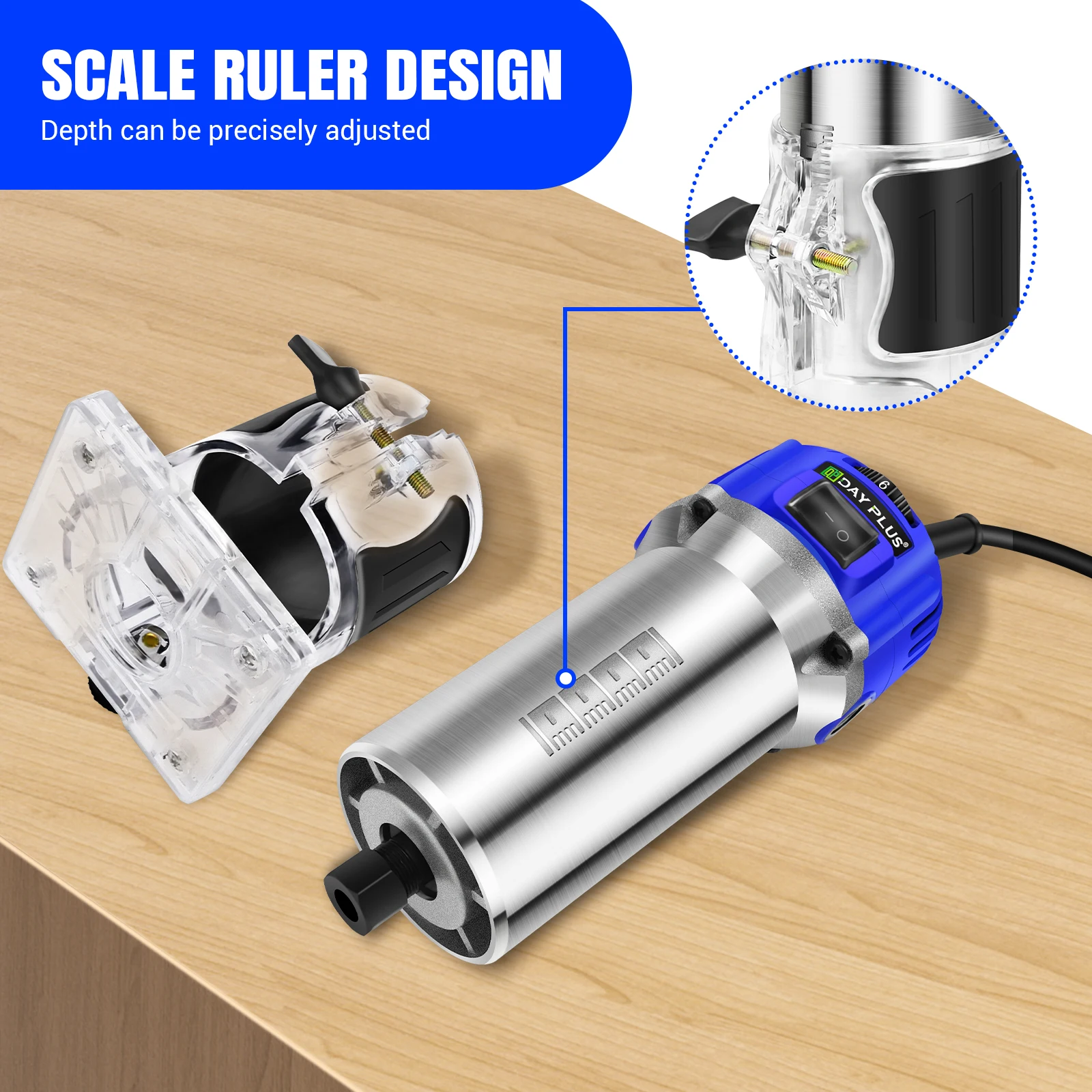 800W Electric Wood Hand Trimmer Laminator, , 4000-30000 RPM, 6 Variable Speed, 15PCS 1/4" Router Bits Set, Transparent Base