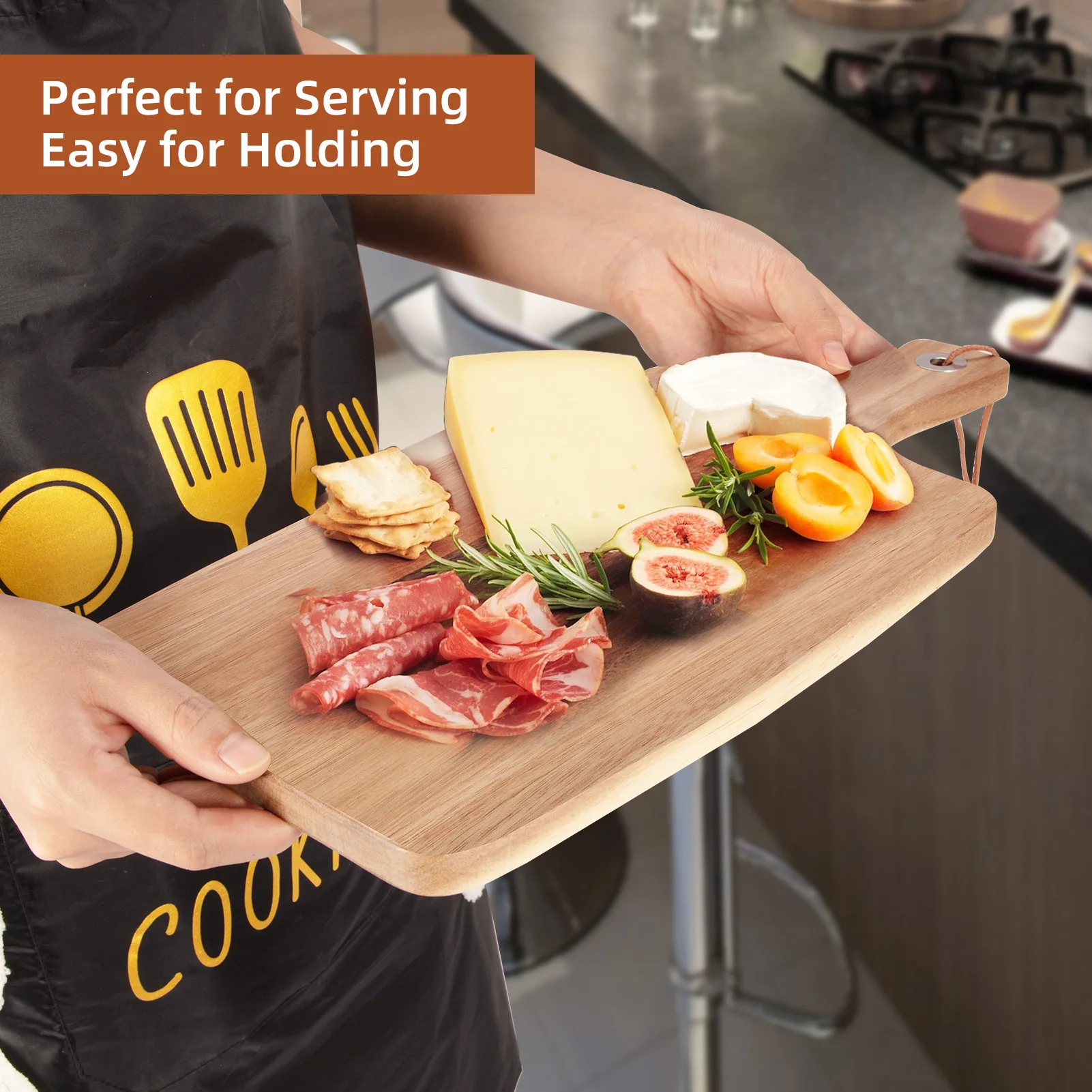 Acacia Rectangular Wood Cutting Board with Handle, Kitchen Wooden Chopping Board for Bread, Meat, Fruits, Cheese and Serving