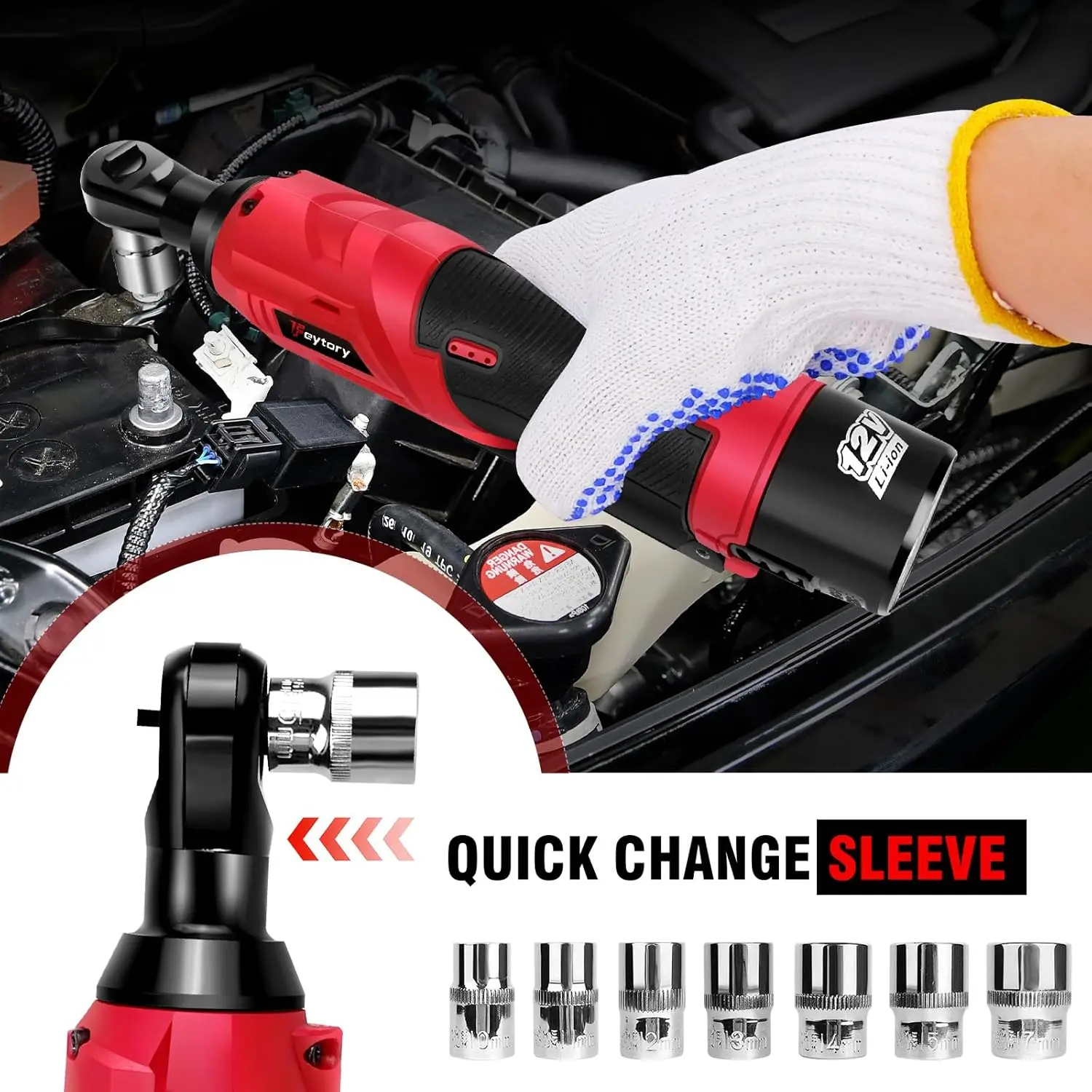 BRIEFNESS Motorcycle Repair Tools Electric Ratchet Wrench Set Rechargeable Cordless Ratchet Wrench Set Electric Wrench Red Black