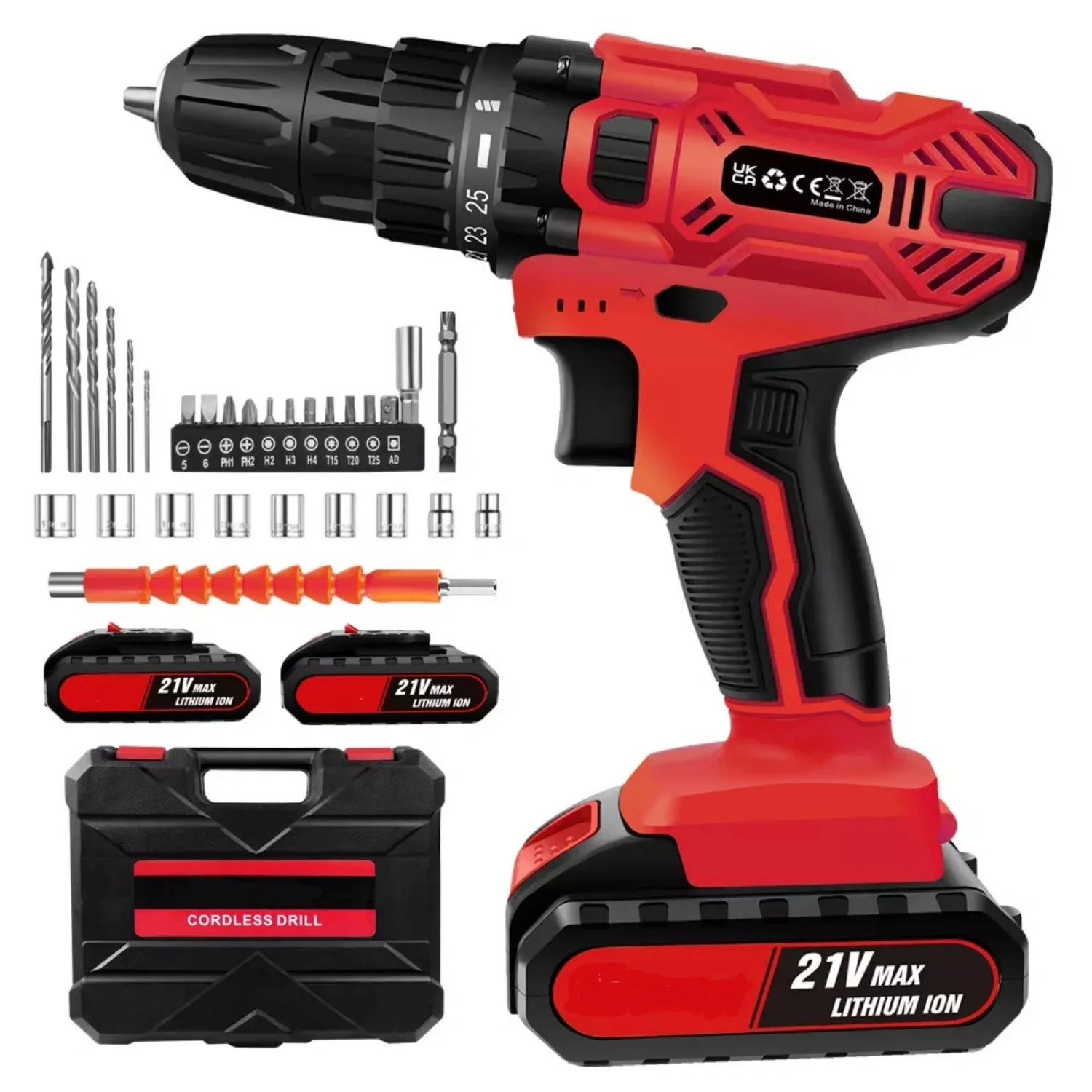 BRIEFNESS Cordless Drill Kit with 1.5 Ah Li-Ion Battery and Charger Red Cordless Electric Drill Repair Tool