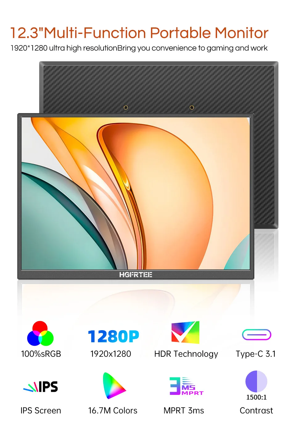HGFRTEE 12.3inch Portable Monitor 3:2 400Cd/m² 100%sRGB second screen Gaming Extended Display for Mac Phone PS5 Xbox Switch