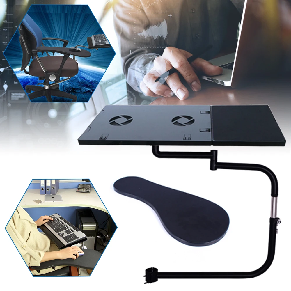 Chair Keyboard Tray, Laptop Keyboard Mouse Chair Stand w/USB Fan, Adjustable Mouse Mount Installed to Chair with -85°~ +20°Tilt