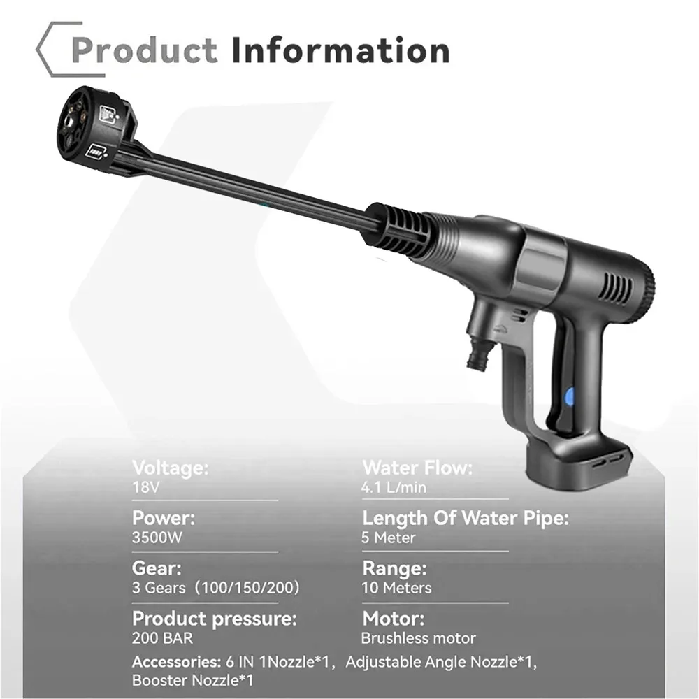 3500W 200Bar Brushless Electric High Pressure Washer Cordless Efficient Car Garden Cleaning Spray Gun for Makita 18V Battery